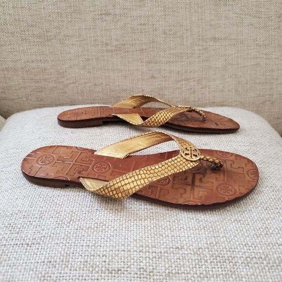 Tory Burch Thora Tumbled Gold Snake Print Sandals Sz 6 - Picture 8 of 10